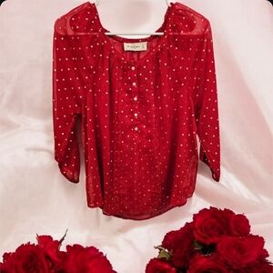 NWT A & F Women's Red Sheer Blouse with Gold Polka Dots Size-M